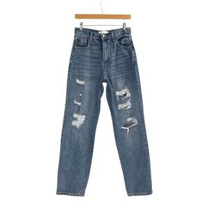 KanCan Womens 27 High-Waisted Distressed Denim Jeans Blue Relaxed Straight Fit